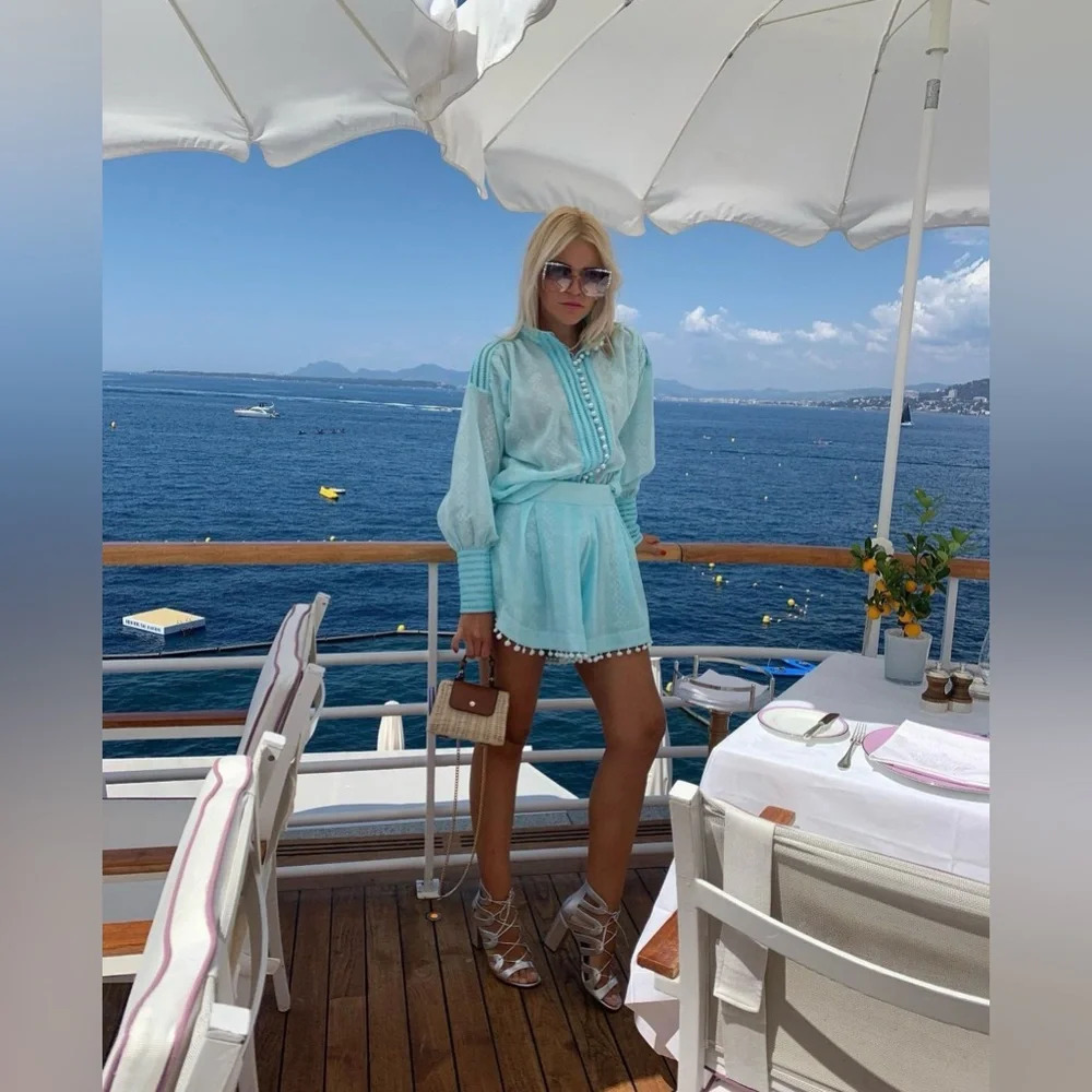 RRP$960 Women’s Set Berla Couture Blue Blouse Shorts
